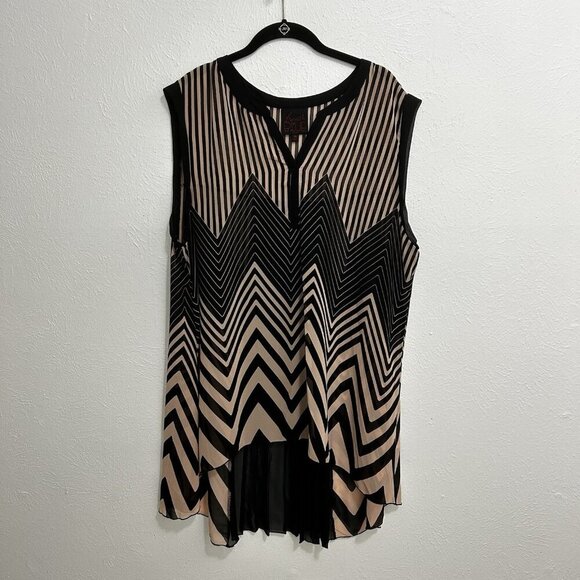 French Blue Sleeveless Tunic Top Chevron Striped Pleated Back Brown Beige Sz 1X - Picture 1 of 12